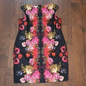 London Style Floral Midi Dress - Black, Pink, Gold